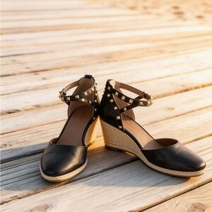 Rialto Black and Tan Studded Wedges